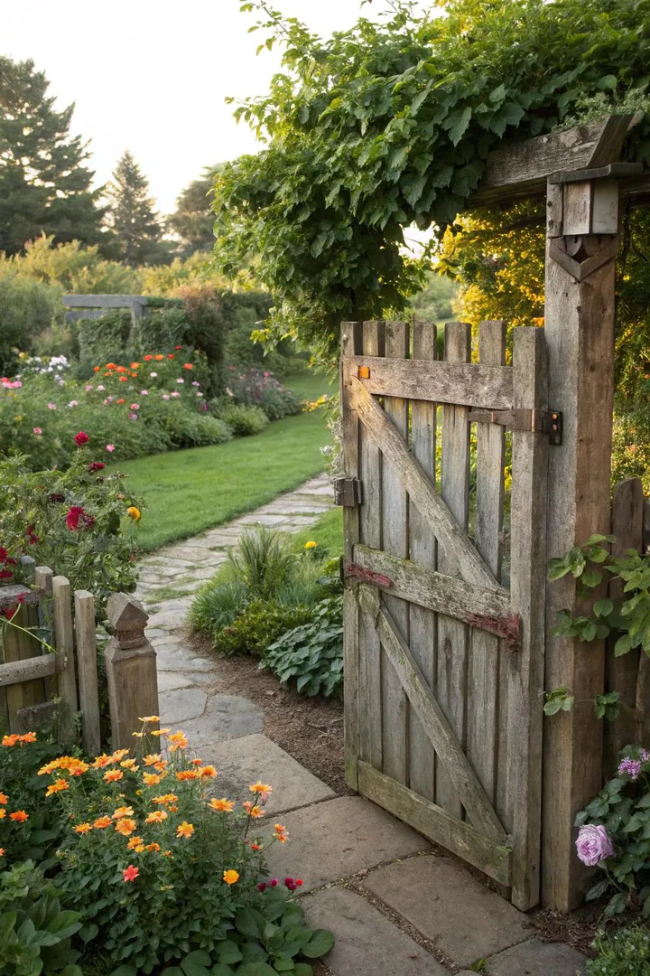 A rustic gate crafted from wooden pallets, seamlessly integrated into the garden landscape.