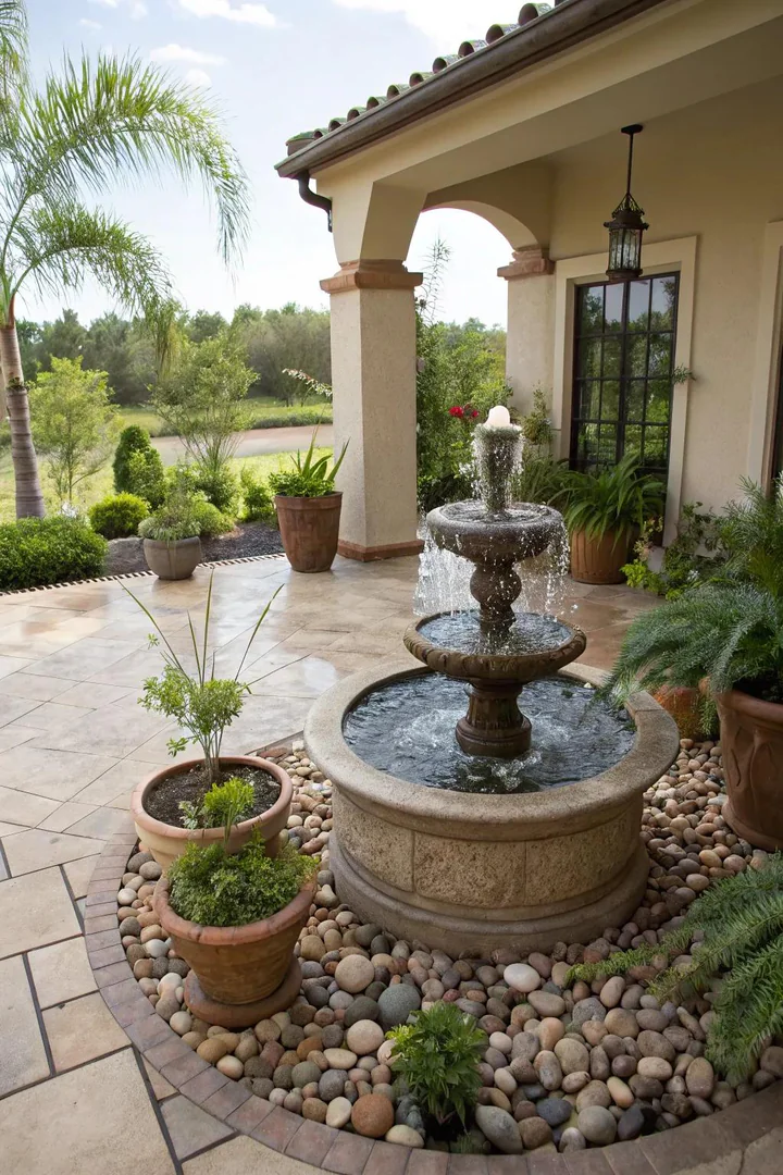 A tranquil courtyard enhanced by the soothing sound of a water fountain.