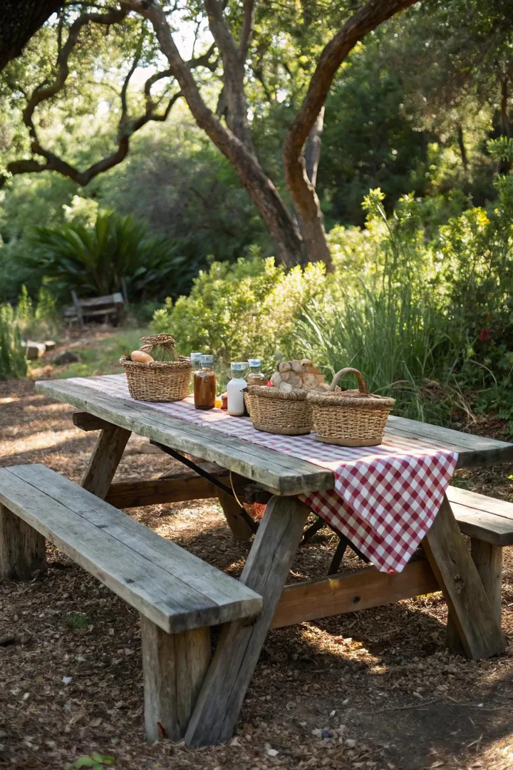 reclaimed barn-wood picnic table with visible nail holes and weathered gray patina on a gravel pad