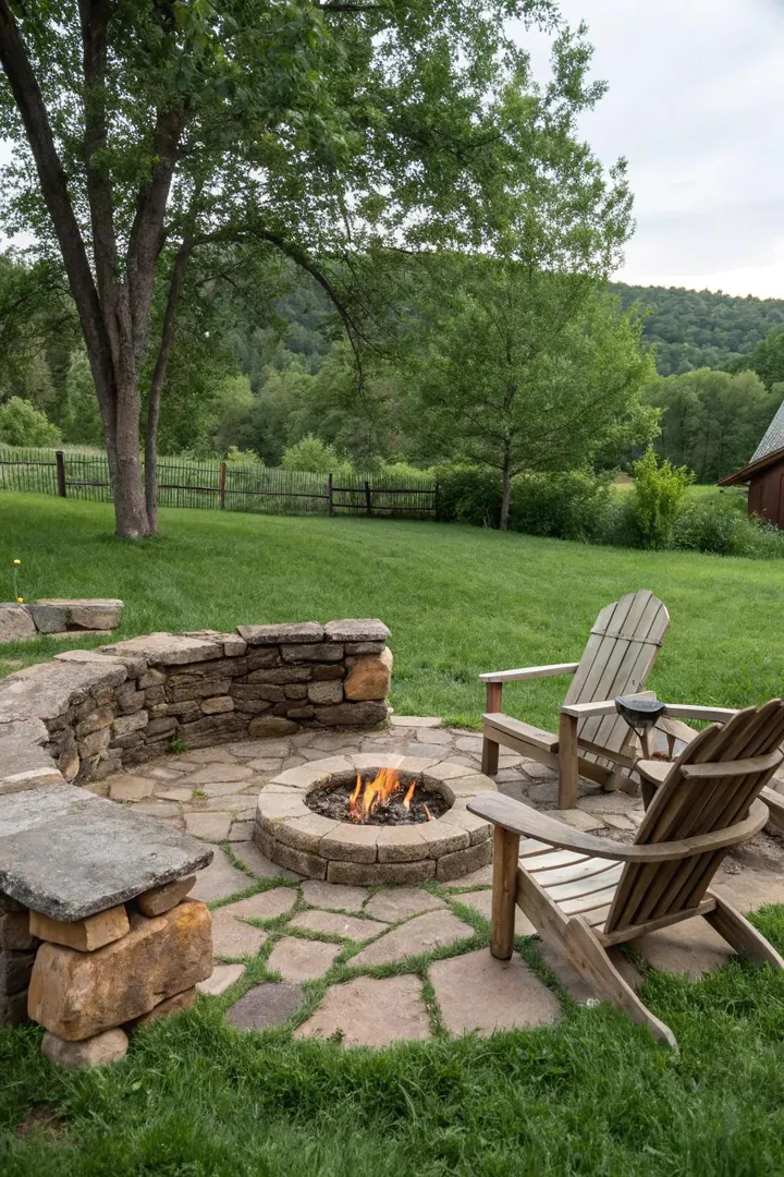 Circular fire pit built from stacked natural fieldstone in a backyard setting