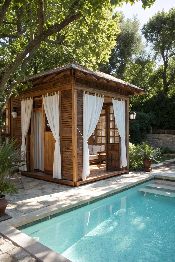 Classic wood-framed pool cabana with a shingled roof and open front facing the pool