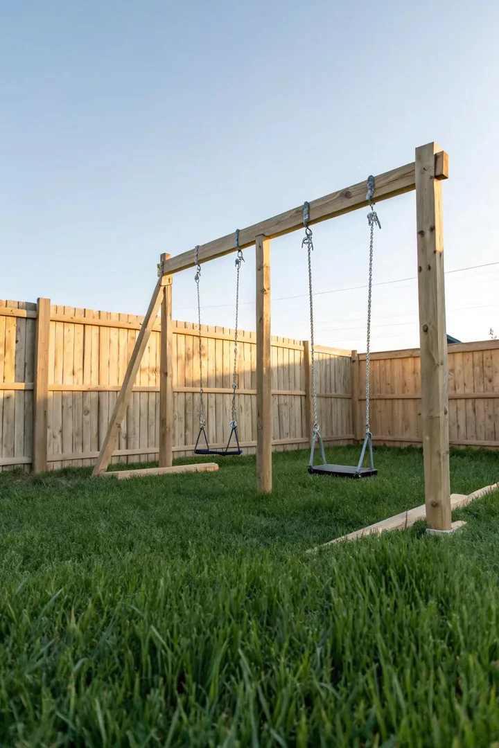simple A-frame wooden swing set with two belt swings on a grass yard