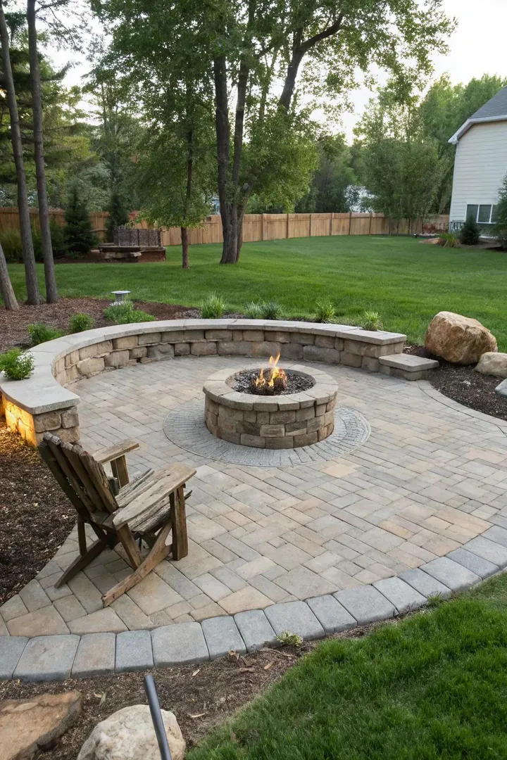 Stone pavers provide a classic and durable fire pit pad.