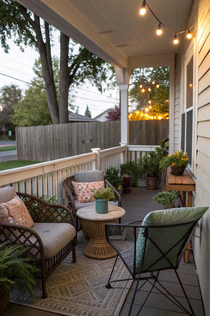 Front porch with a cushioned wicker loveseat and side chairs arranged around a small table