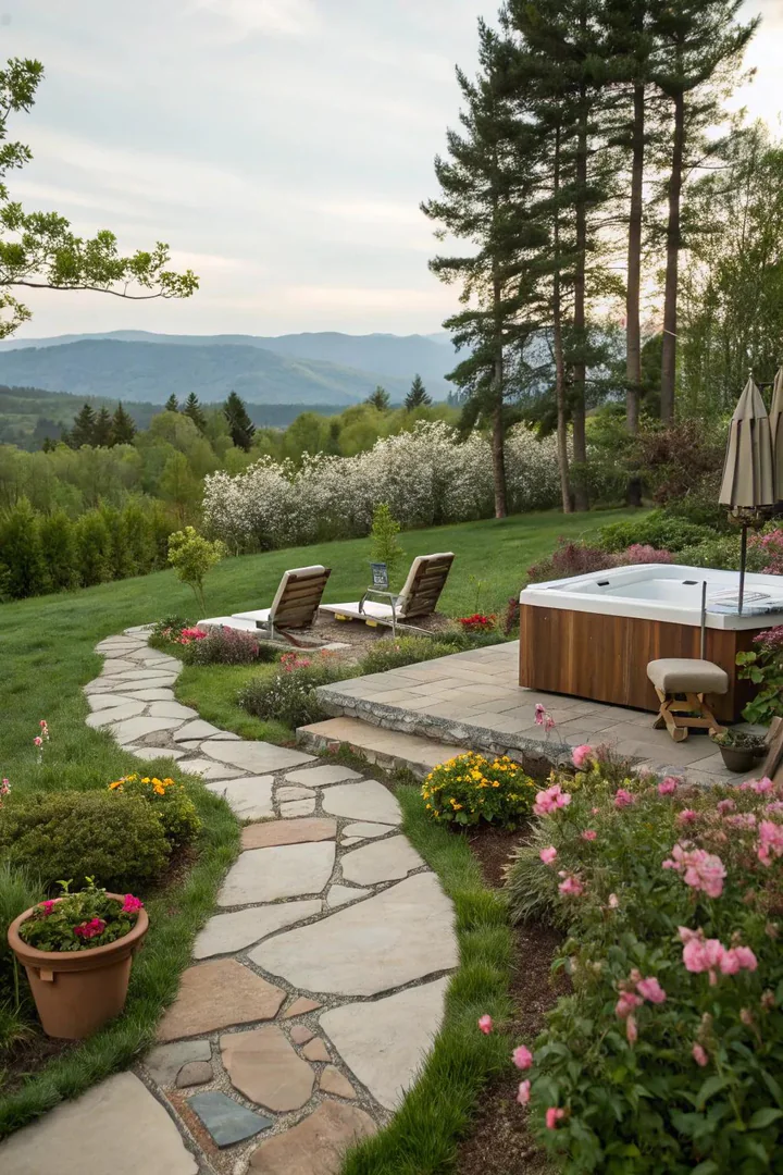 Natural flagstone pathway leading through a garden to a hot tub
