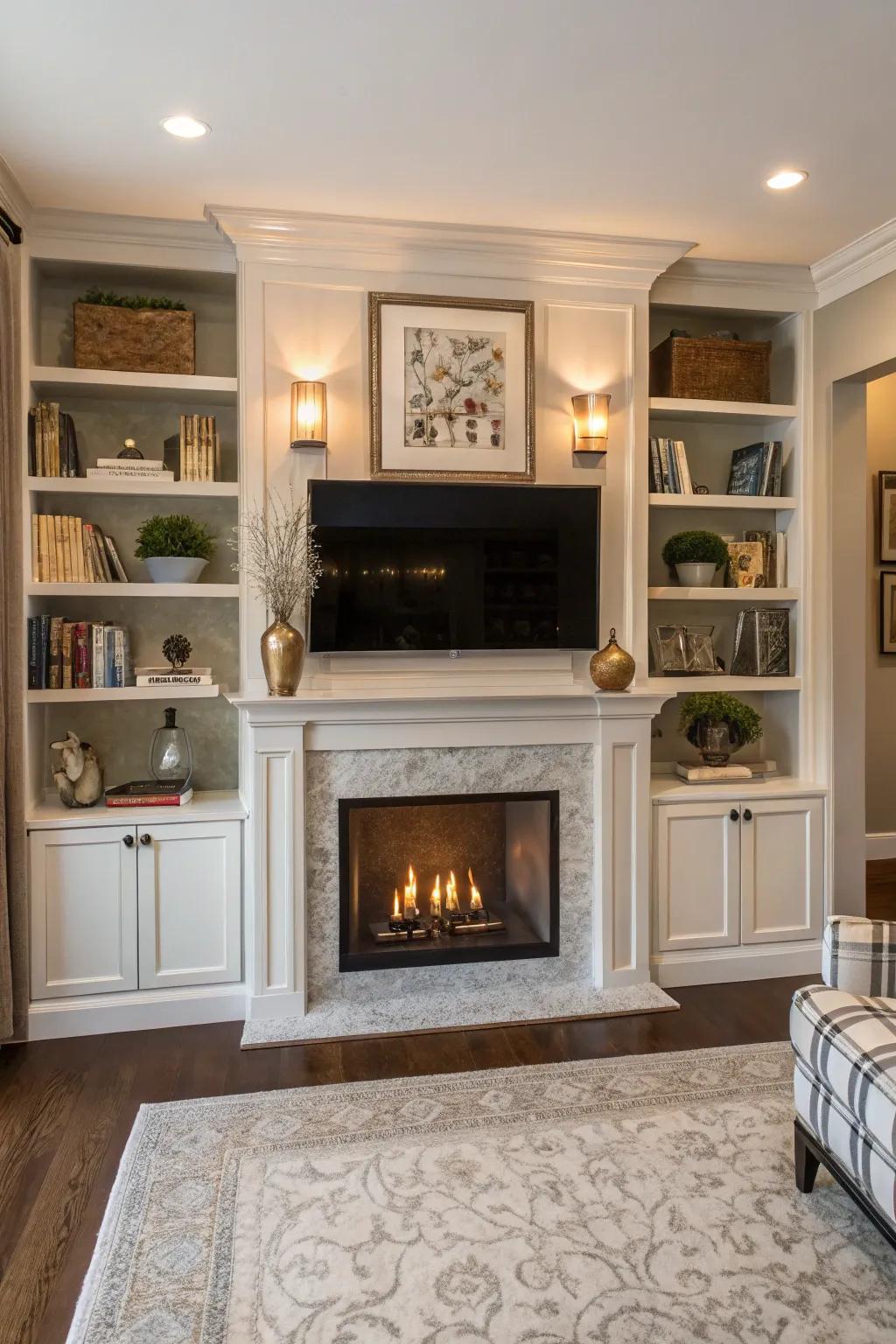Symmetrical shelving adds balance to a TV-over-fireplace setup.