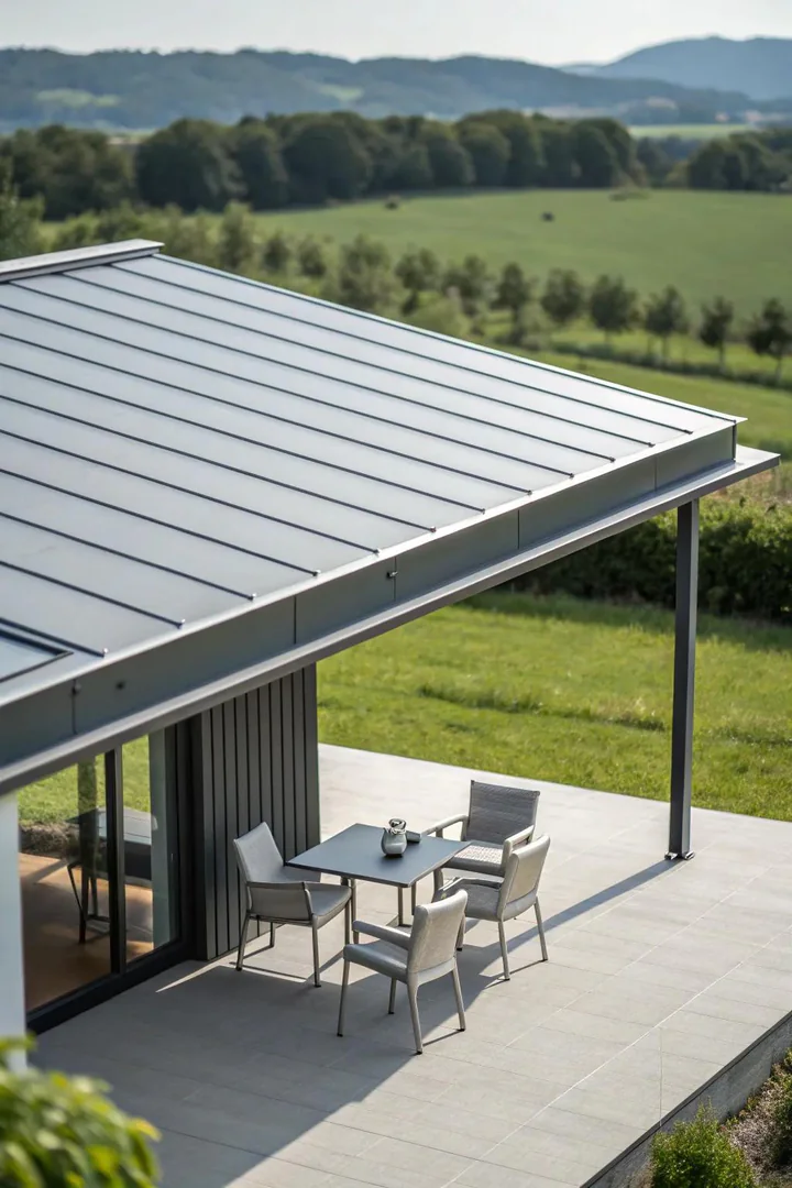 flat standing seam metal roof over a modern patio with clean horizontal lines