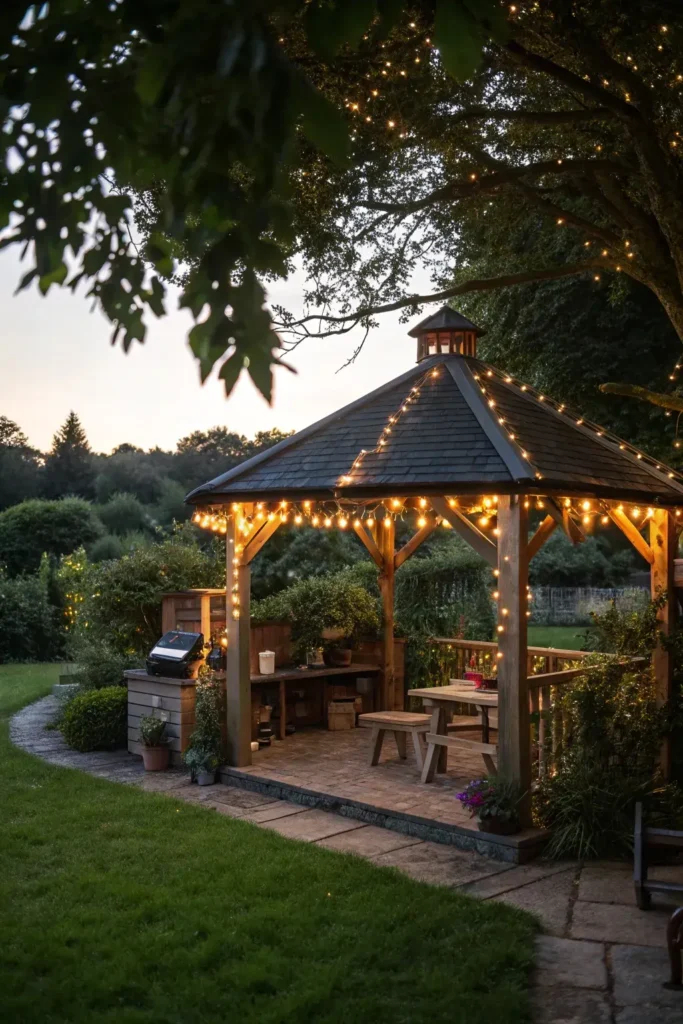 timber frame gazebo with a peaked roof sheltering a built-in BBQ grill and prep counter