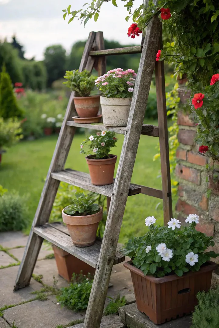 Old wooden ladder leaning against a wall with potted plants on each rung