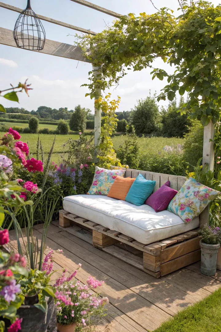 Outdoor sofa built from stacked shipping pallets with cushions on a garden patio