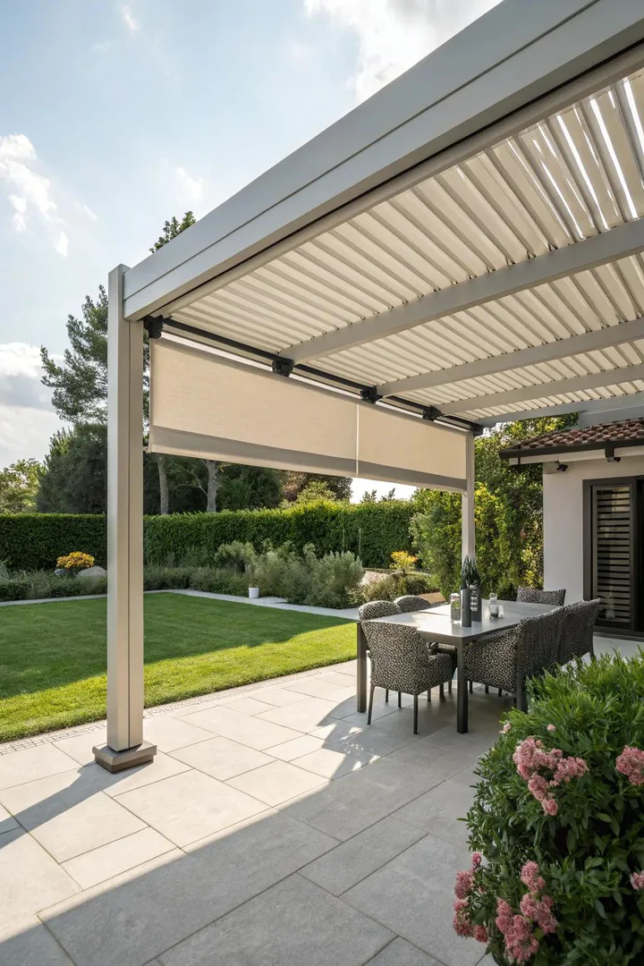 Pergola with a louvered aluminum roof and retractable side blinds providing full weather protection
