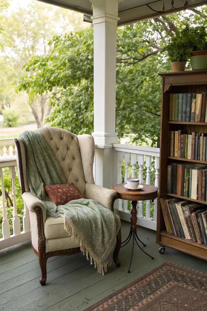 small front porch reading nook with a cushioned wicker armchair, side table, and stacked books