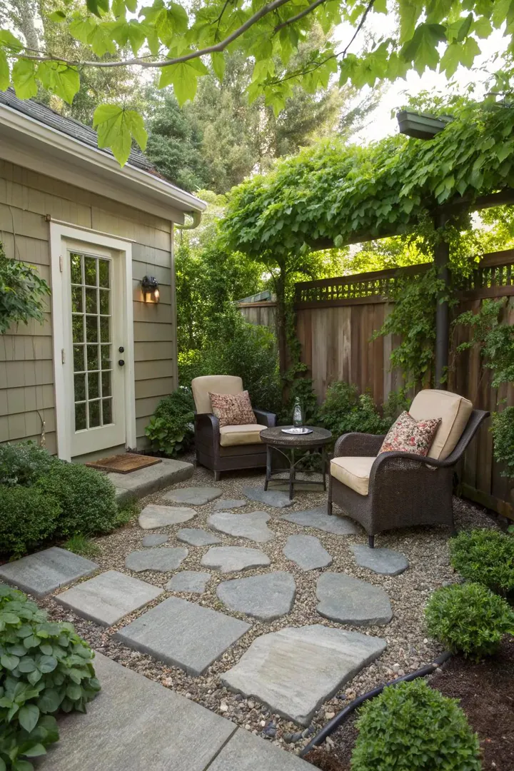 small patio with large square stepping stone pavers set in a bed of pea gravel
