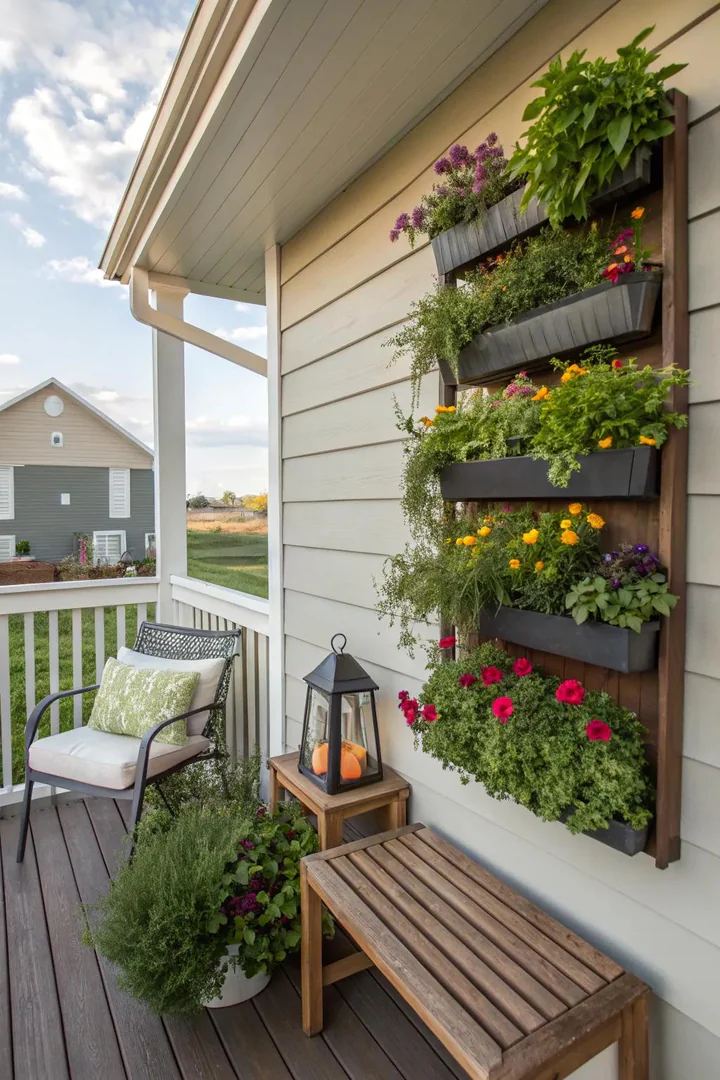 vertical garden panel mounted on a small front porch wall with succulents and trailing plants