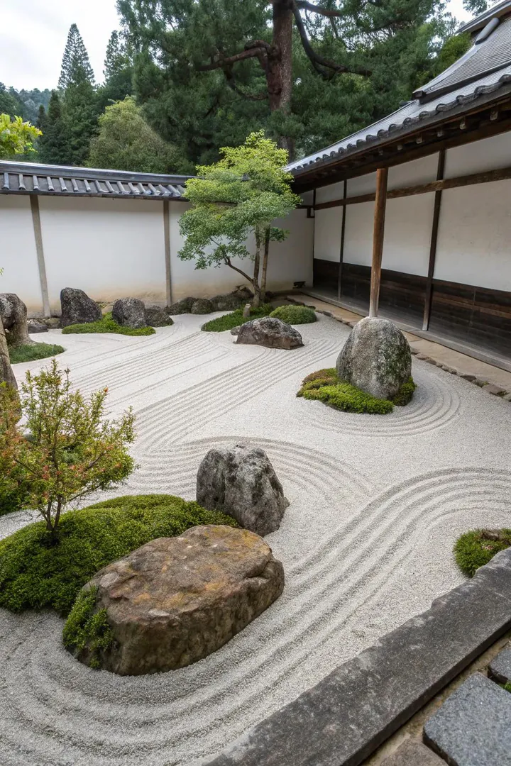 A minimalist sand and stone garden offering tranquility in simplicity.