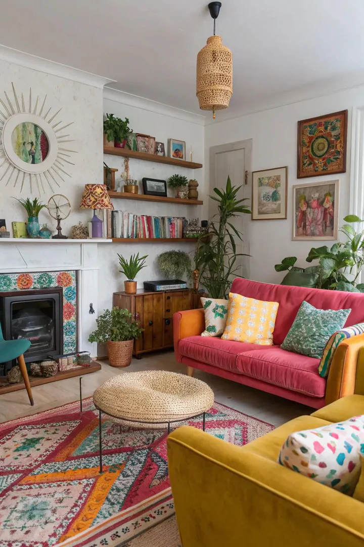 A living room that beautifully combines vintage and modern elements for an eclectic vibe.