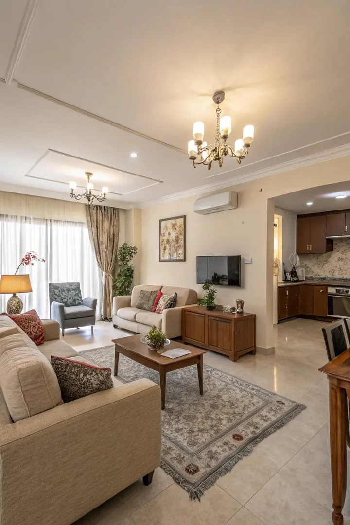 Angled furniture placement adds interest and movement to the space.