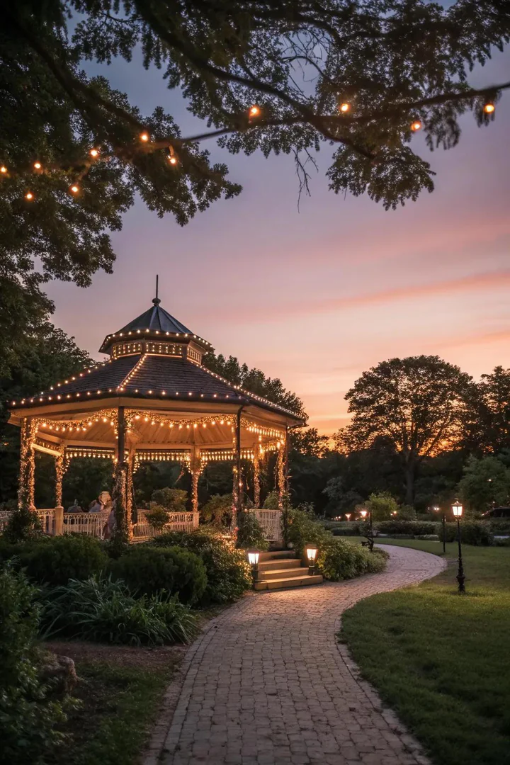 Pavilion at dusk with string lights criss-crossing under the roof beams