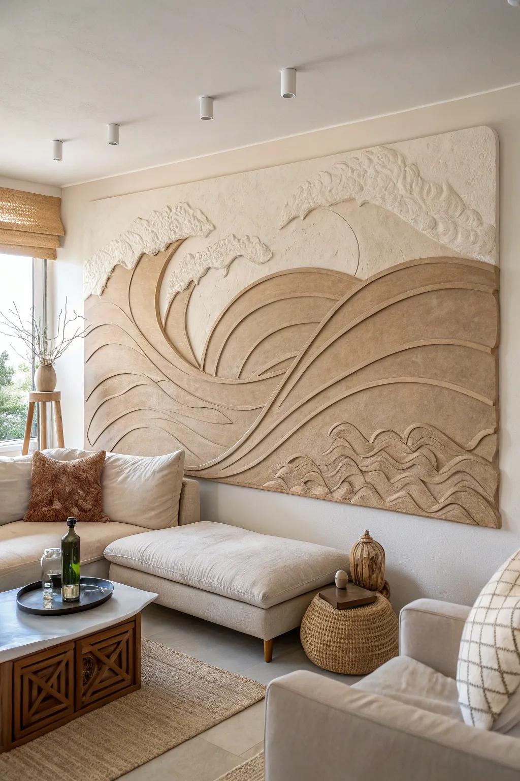 Bring the soothing essence of the ocean to your living space with a handcrafted clay wave mural.