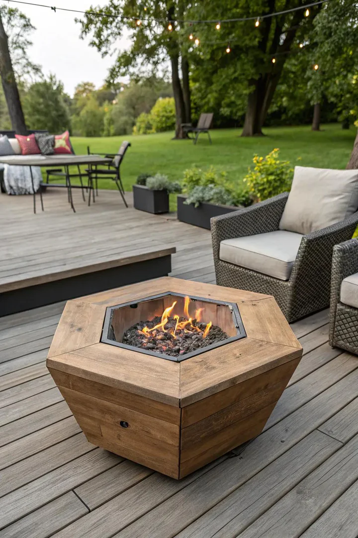 Six-sided hexagonal fire pit built from angled stone or block sections
