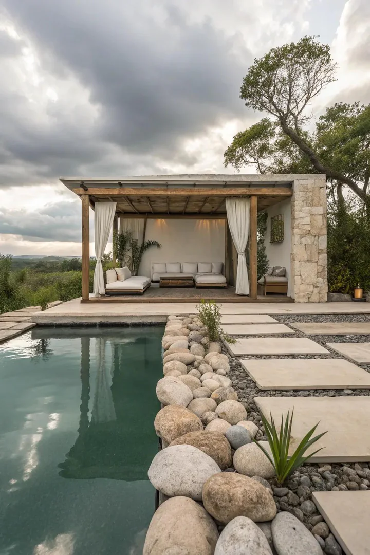 Japanese-inspired pool cabana with clean lines, bamboo screens, and minimal furnishing