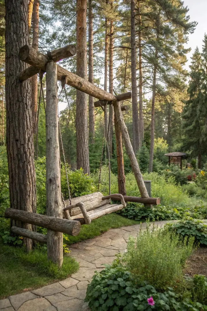 swing set frame built from peeled natural log poles with bark-stripped crossbeam