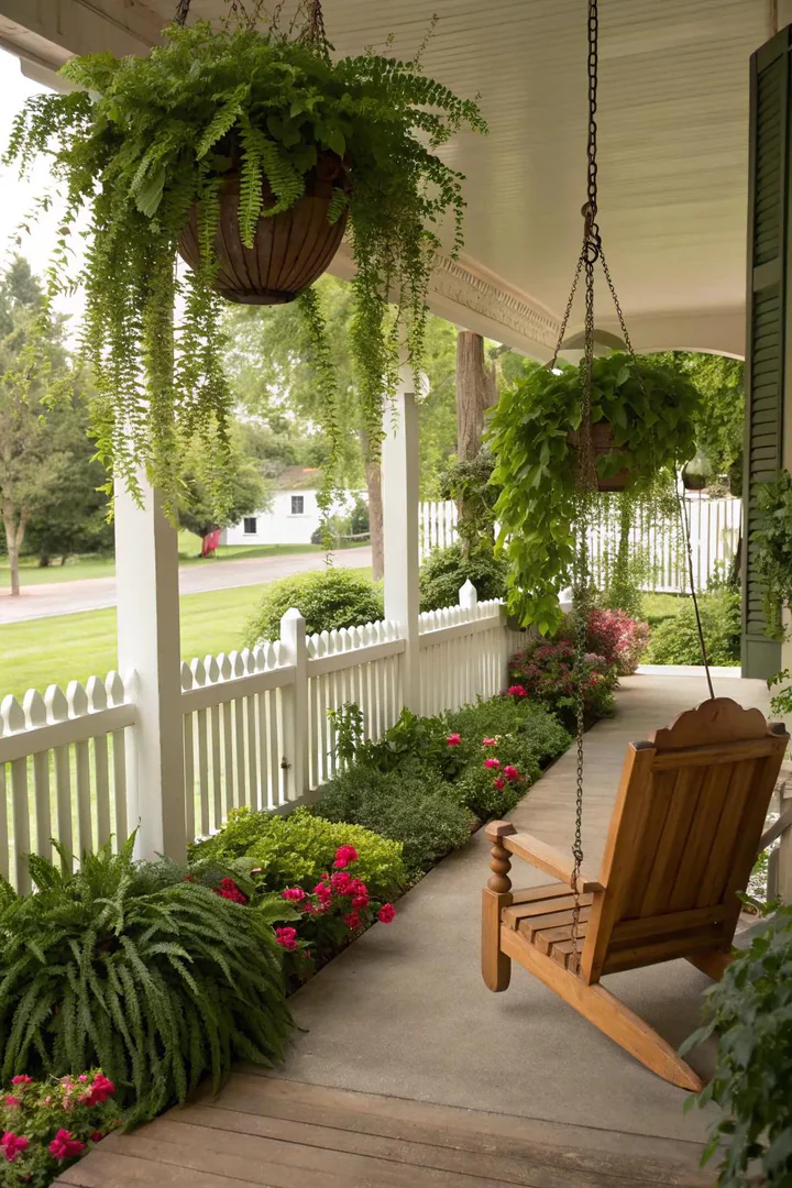 Front porch surrounded by layered potted plants, hanging baskets, and window boxes