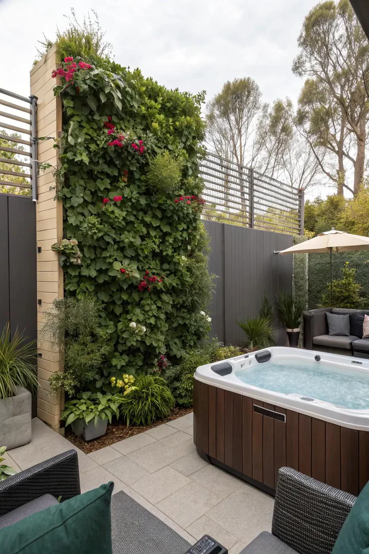 Living wall planter system installed on a fence beside a hot tub