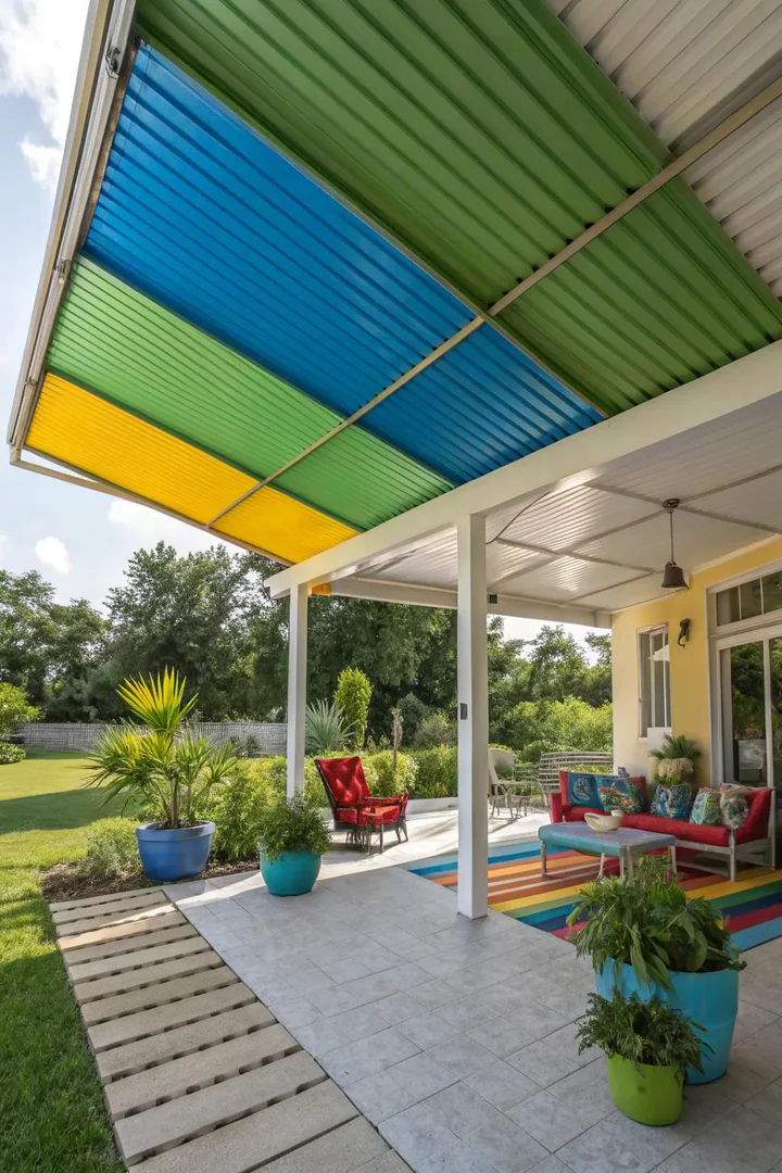 patio metal roof with red and blue painted panel sections creating a color block pattern