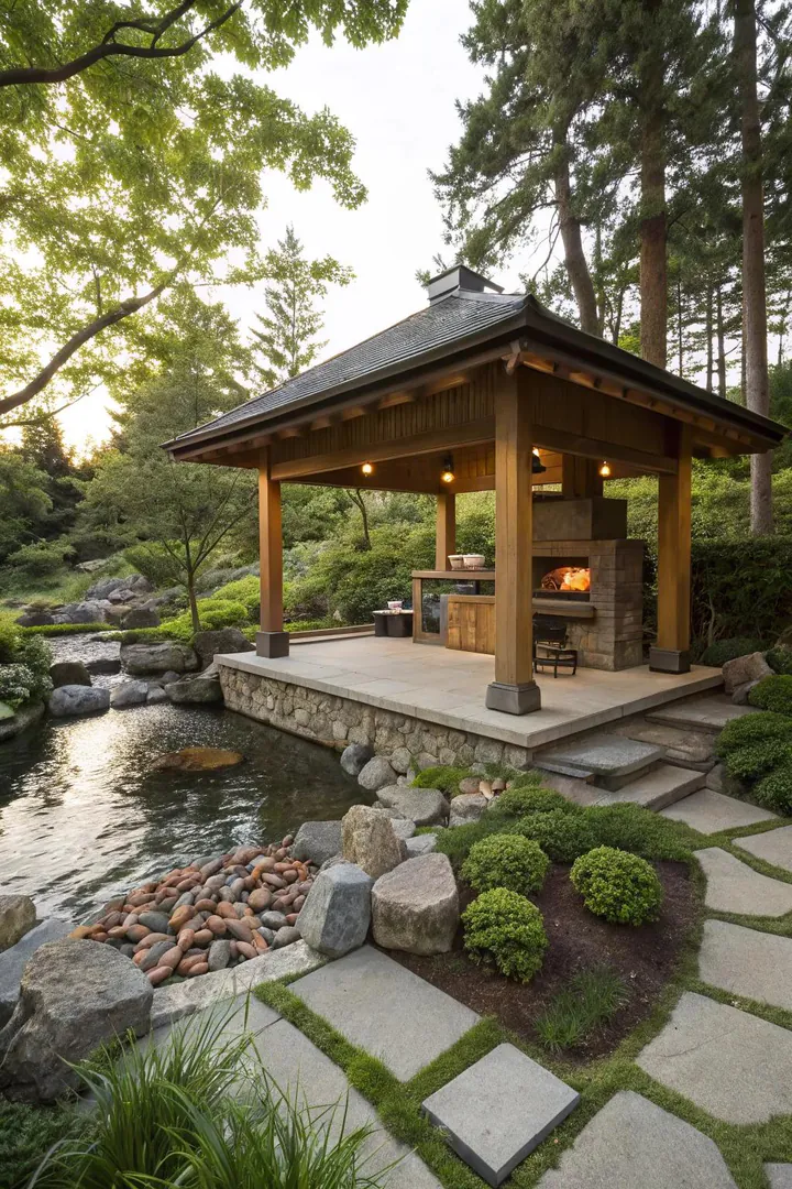 Japanese-style pavilion with upturned eaves sheltering a tabletop hibachi grill