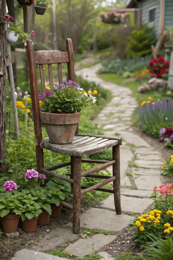 Old wooden chair repurposed as a plant stand with a pot on the seat