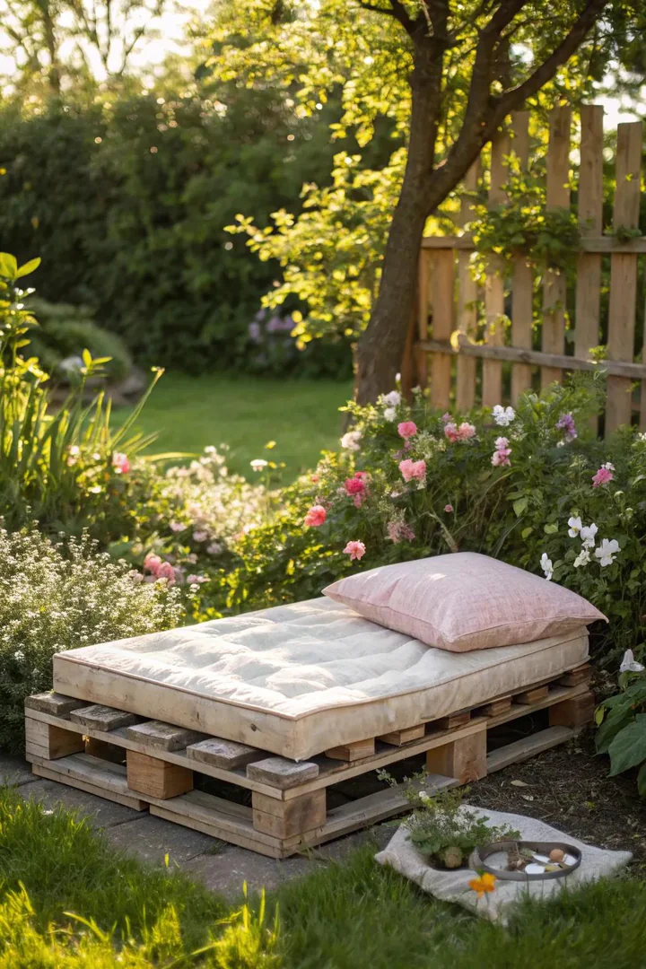 Pallet dog bed with raised sides and a cushion inside for a garden pet area