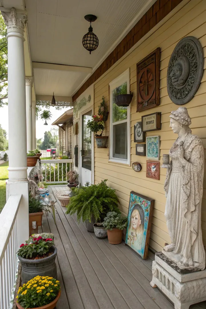 porch wall with a collection of outdoor metal art, a clock, and hanging planters