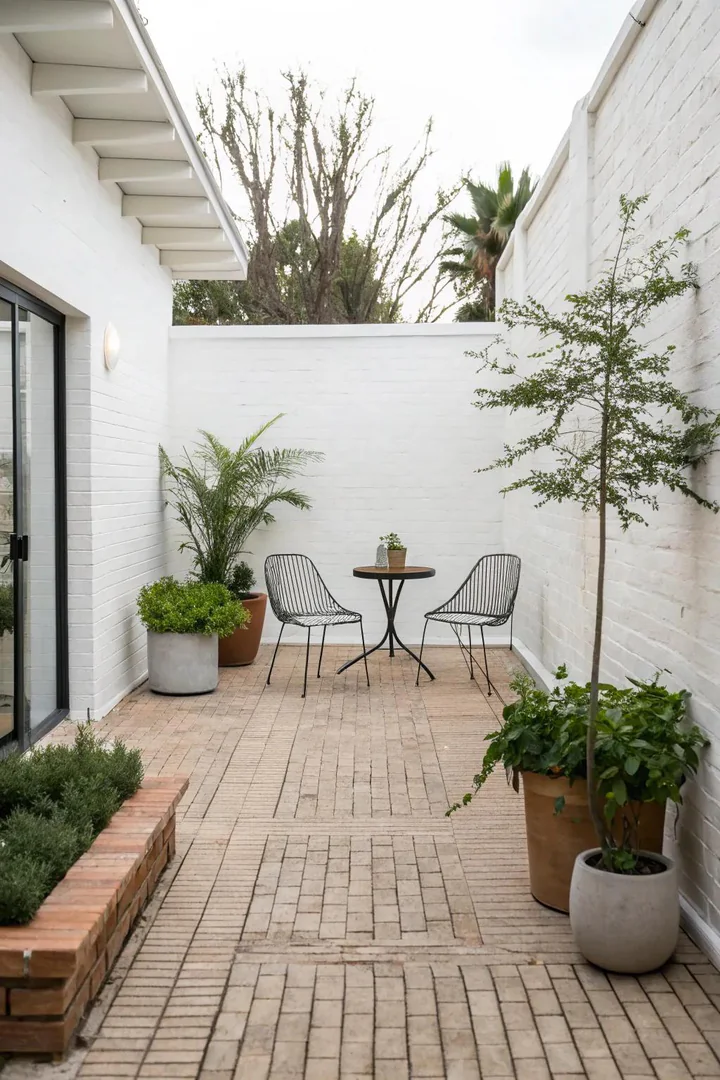 minimal brick patio with clean lines and a single Japanese maple tree in raked gravel