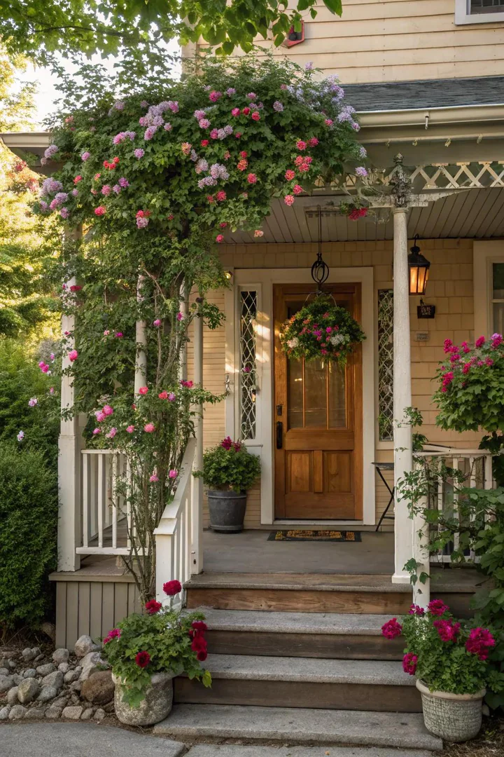 freestanding decorative wooden trellis on a small front porch with climbing roses