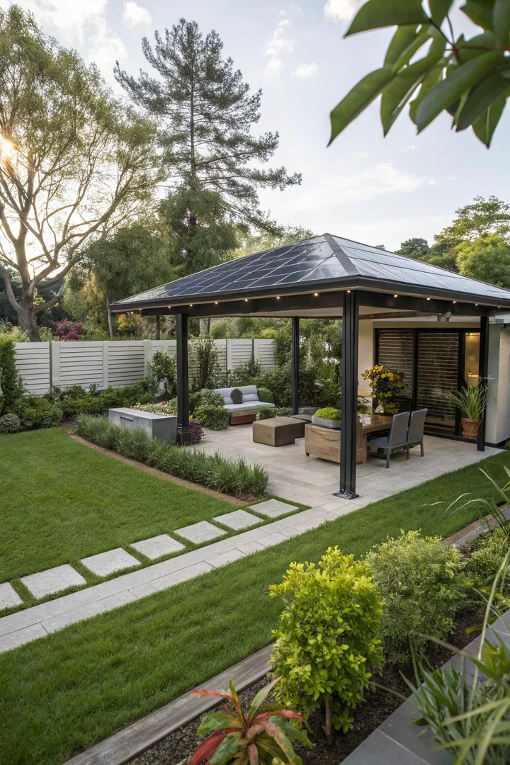 Backyard pavilion with solar panels mounted on the roof and solar-powered fan and lights