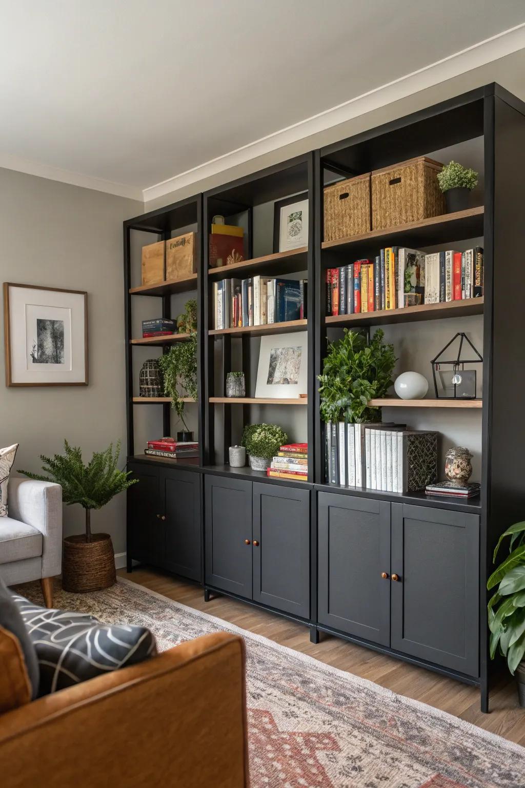 Black shelves with gray backing create a stylish display.