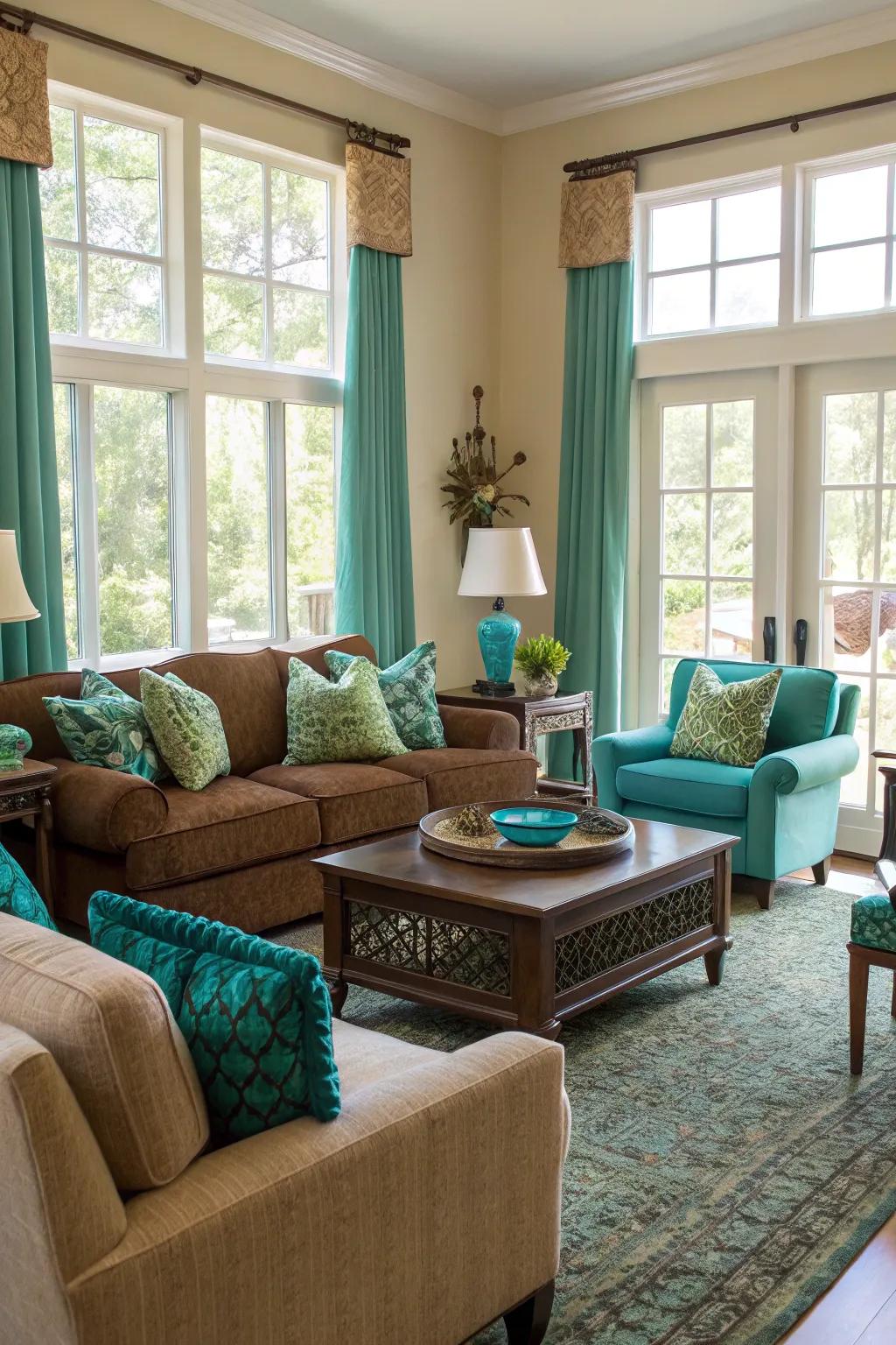 Teal accents provide a surprising and vibrant contrast.