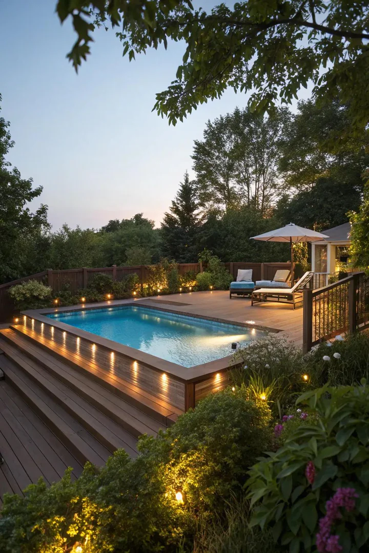 above-ground pool deck at night with LED strip lighting under the railing cap and step risers