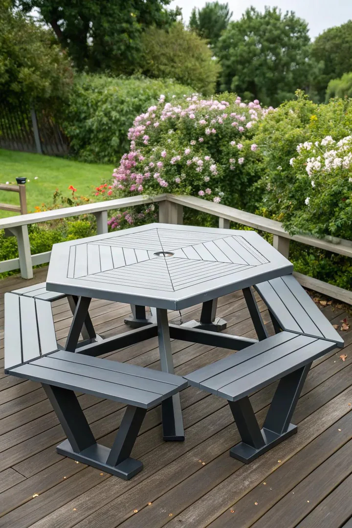 six-sided hexagonal picnic table with attached benches made from composite decking boards