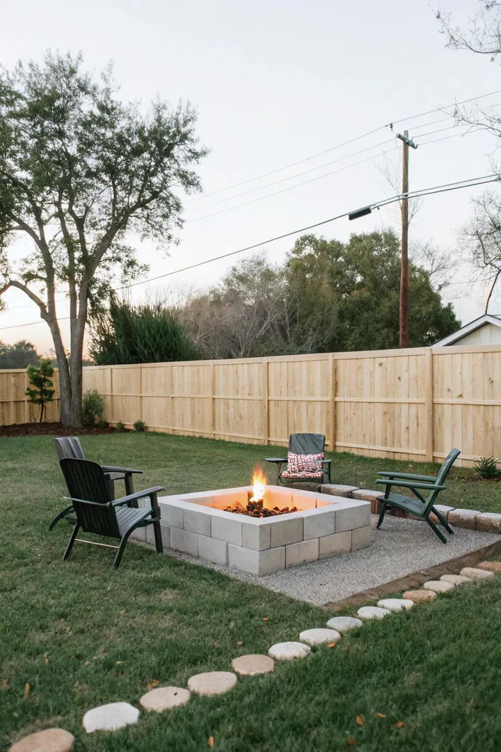Simple cinder block fire pit with blocks arranged in a square configuration