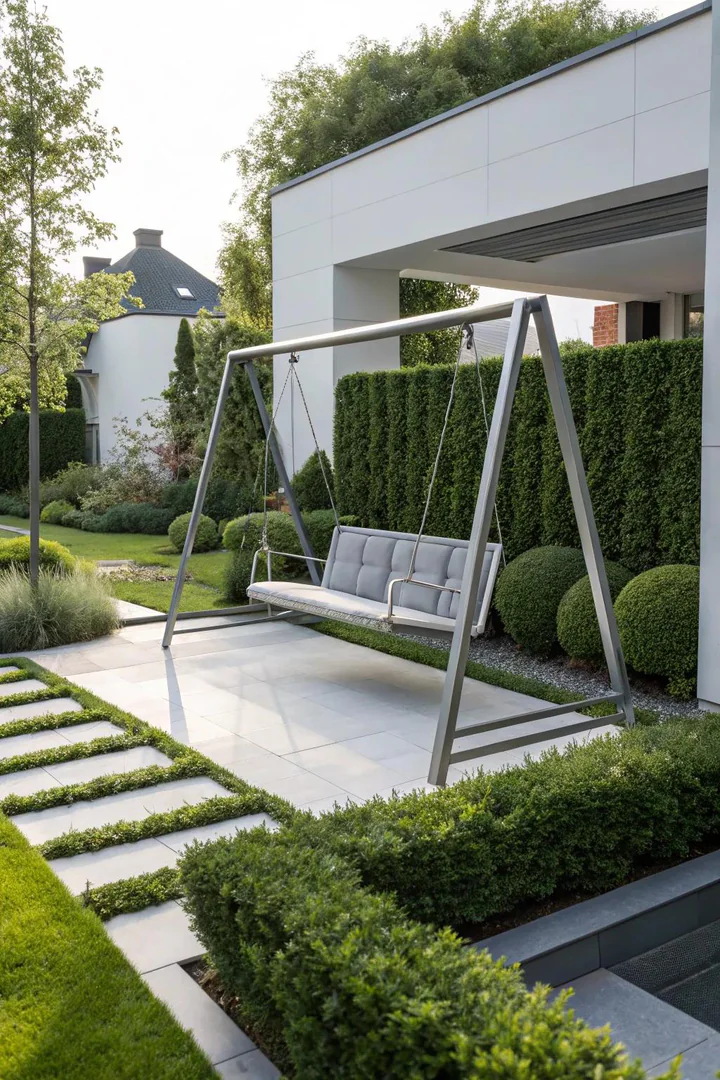 black powder-coated steel tube swing set frame with two belt swings on a concrete pad