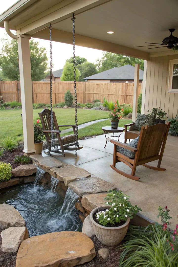 Small tabletop fountain with water flowing over stacked stones on a front porch