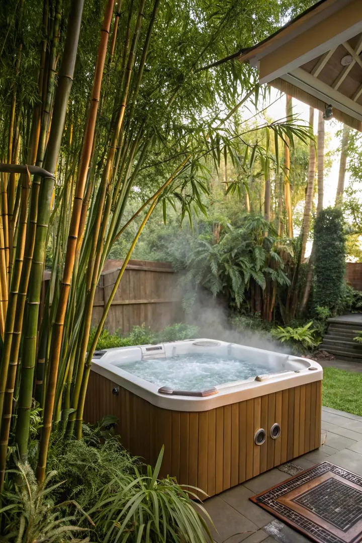 Bamboo privacy screen with tropical plantings around a hot tub
