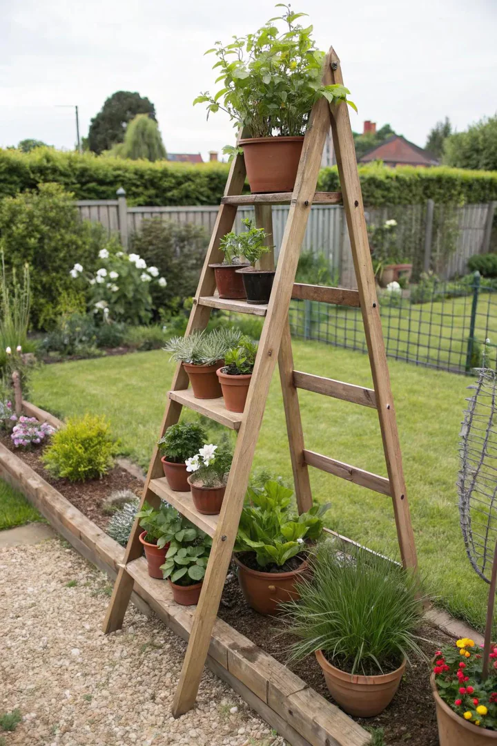 A-frame ladder shelf with multiple plant pots displayed on tiered shelves