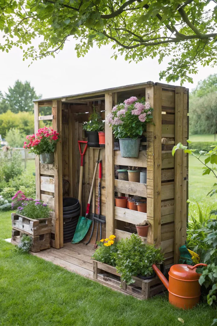 Small garden shed with walls built from upright shipping pallets