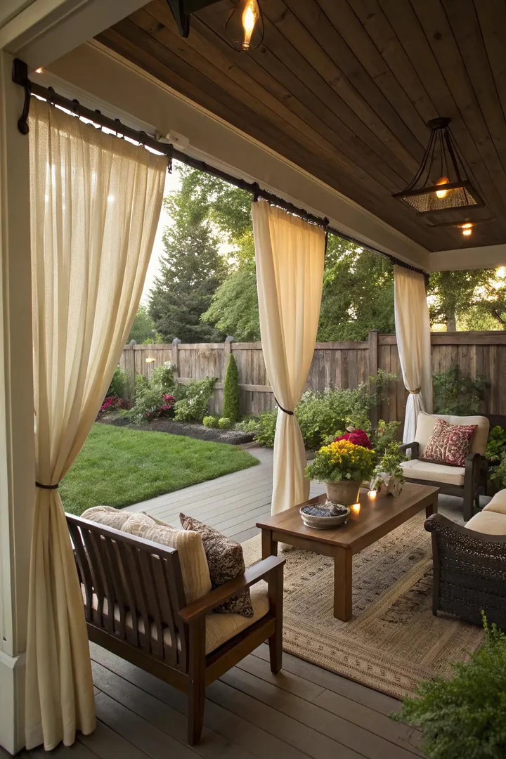 front porch with sheer white outdoor curtains tied back on black iron curtain rods