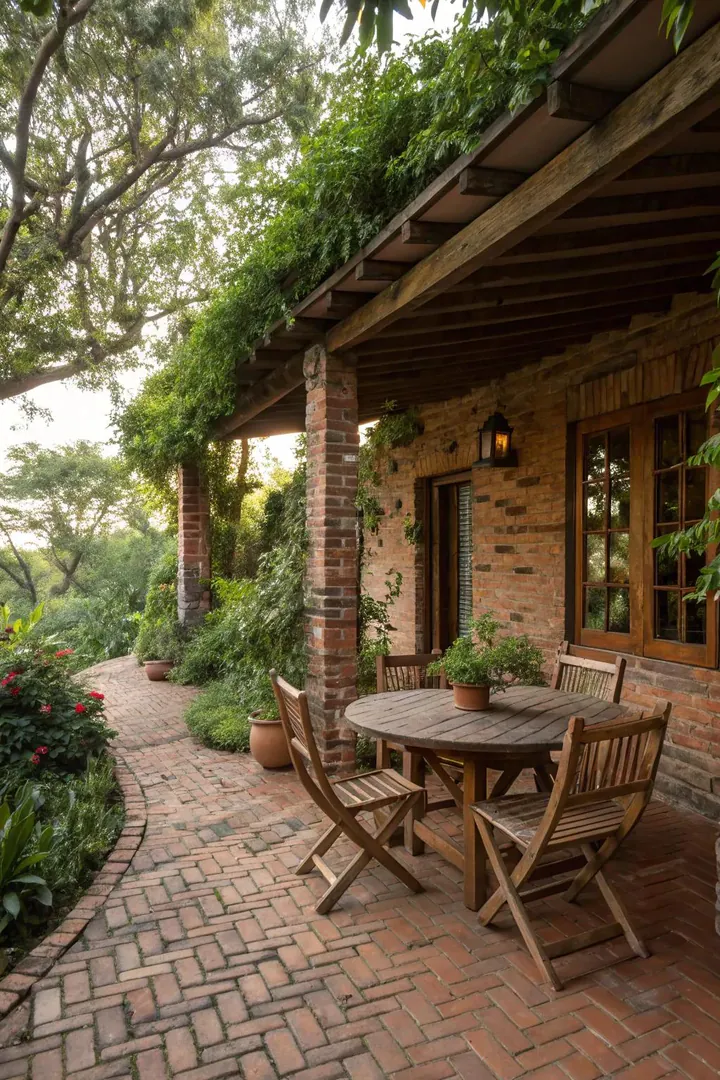 weathered reclaimed brick patio with mismatched clay pavers and a wooden Adirondack chair