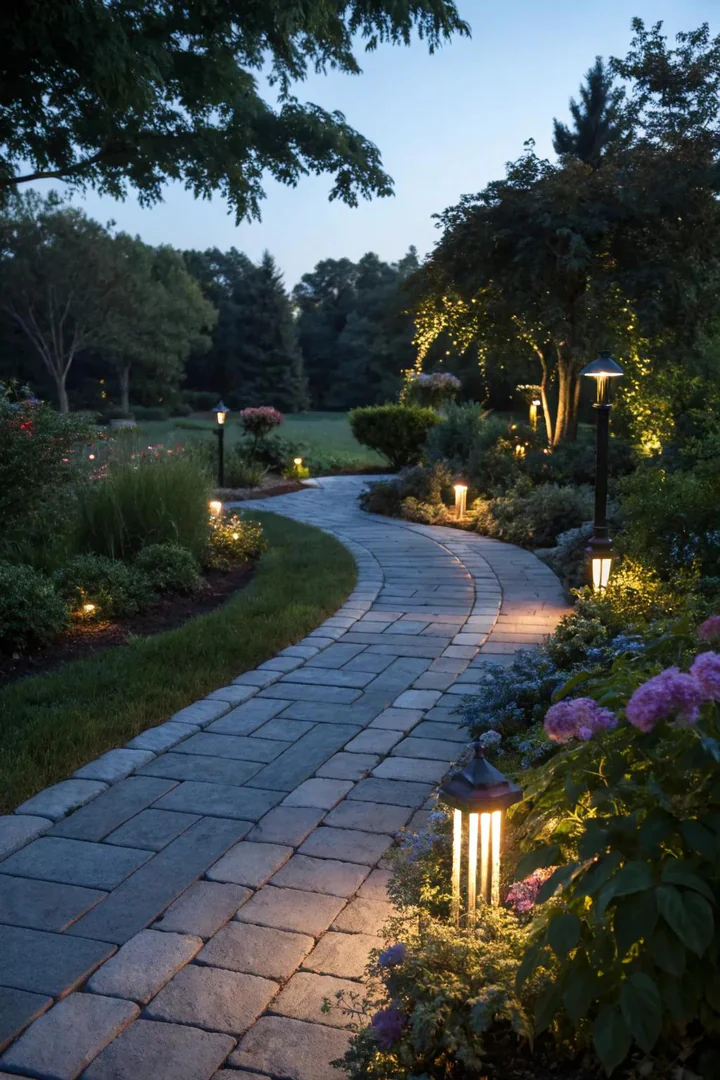 Lighting enhances the beauty and safety of bluestone walkways at night.