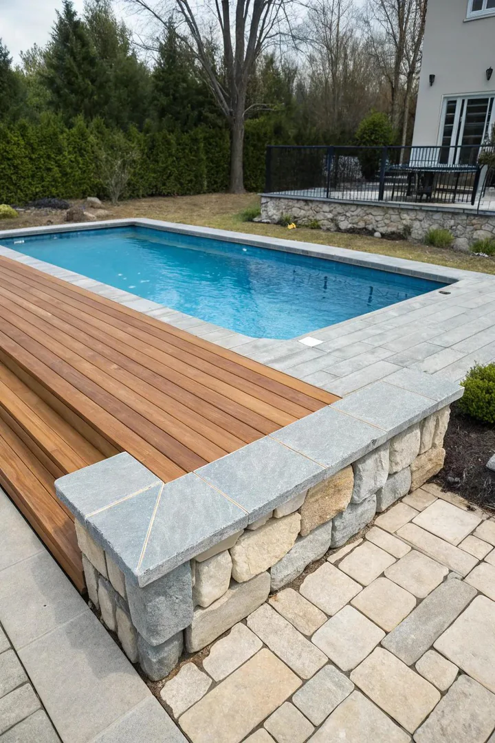 above-ground pool deck with alternating light cedar and dark walnut stained decking boards